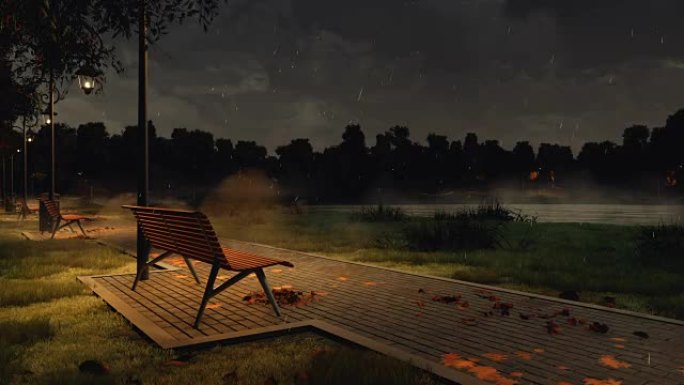 在黑暗多雨的秋夜，带空长凳的公园走道