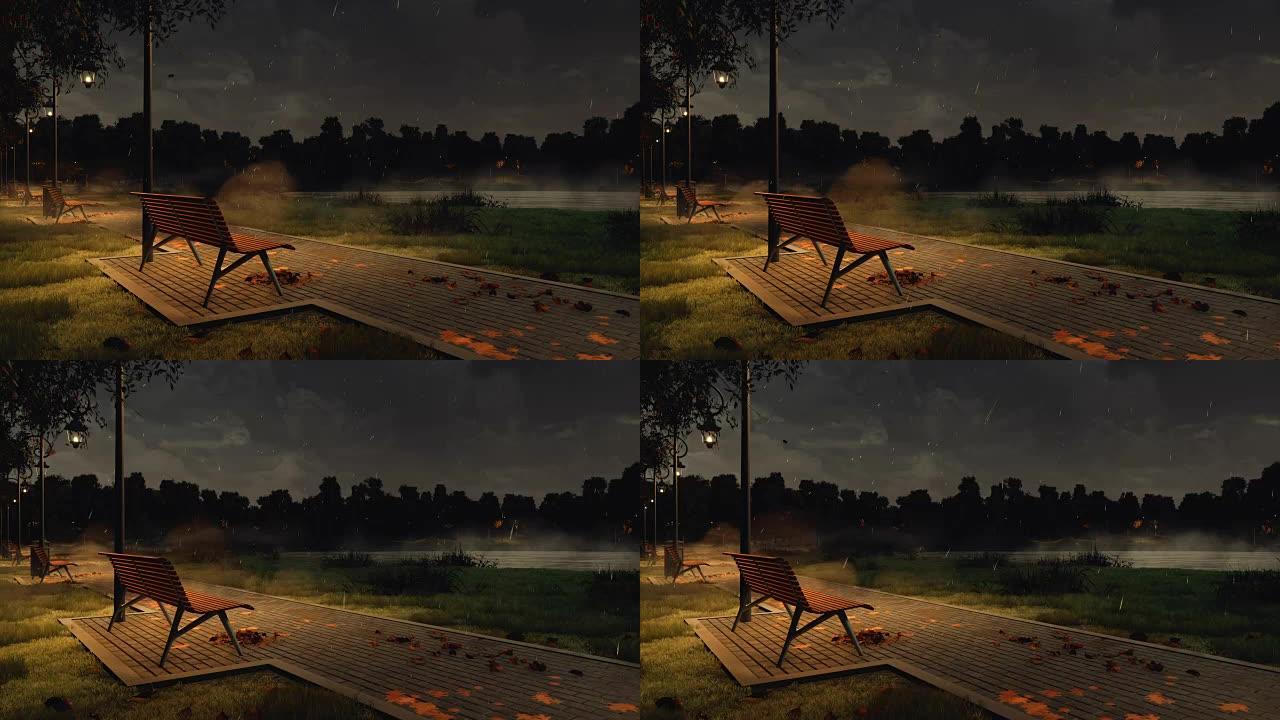 在黑暗多雨的秋夜，带空长凳的公园走道