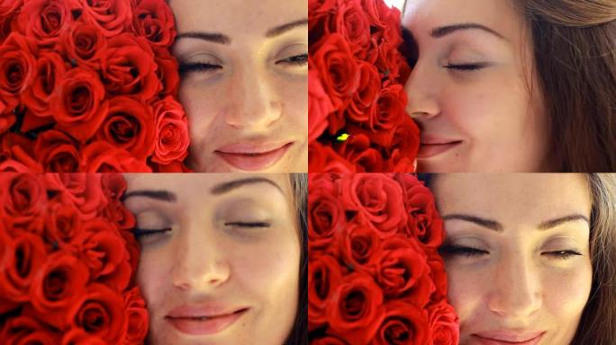 一个年轻美丽的女人的肖像，一束红玫瑰。