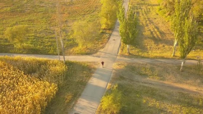 在自然绿色森林的户外日落期间，青少年在户外进行健康跑步的空中飞行镜头