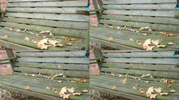 一个空虚的，悲伤的，古老的木制秋千在一年的秋天独自移动。你可以看到树木的落叶。