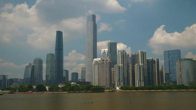 阳光灿烂的一天广州城市河湾市中心全景4k中国