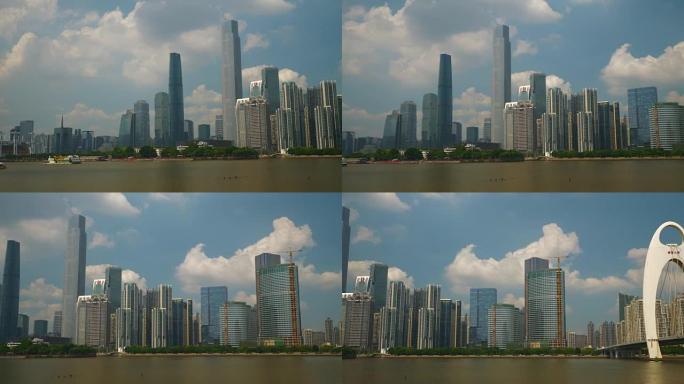 阳光灿烂的一天广州城市河湾市中心全景4k中国
