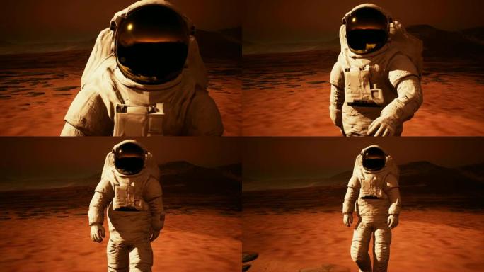 穿着宇航服的宇航员自信地在火星上行走以寻找生命