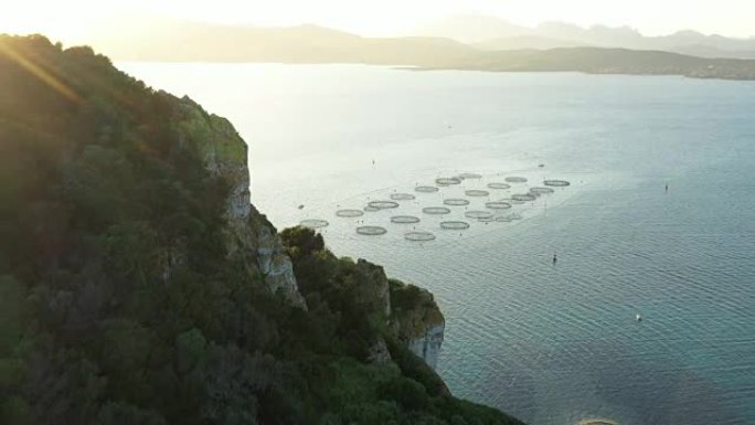 上方视频，位于意大利撒丁岛东北部Golfo Aranci的一个养鱼场的鸟瞰图