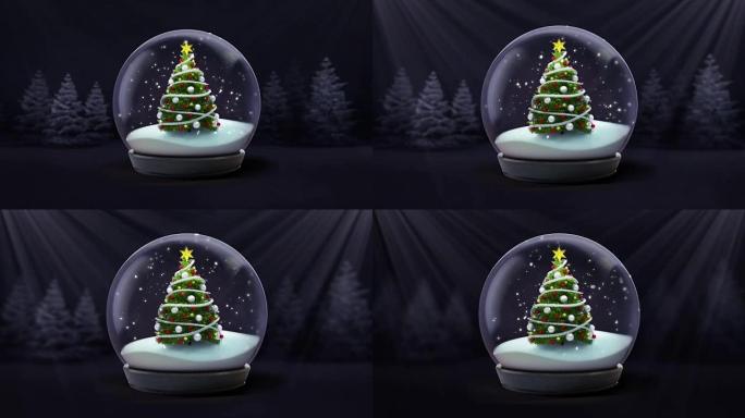暗夜森林动画中的圣诞树雪球降雪