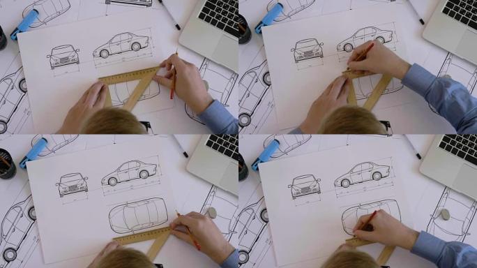 从事汽车设计草图的俯视图工程师