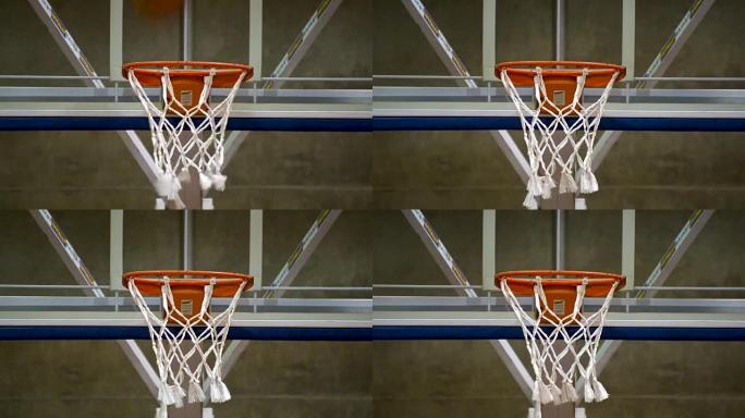 篮球射击。篮球网特写。平面。前视图