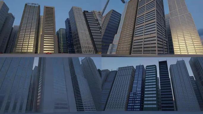 大都会空中城市飞行动画-日落时间