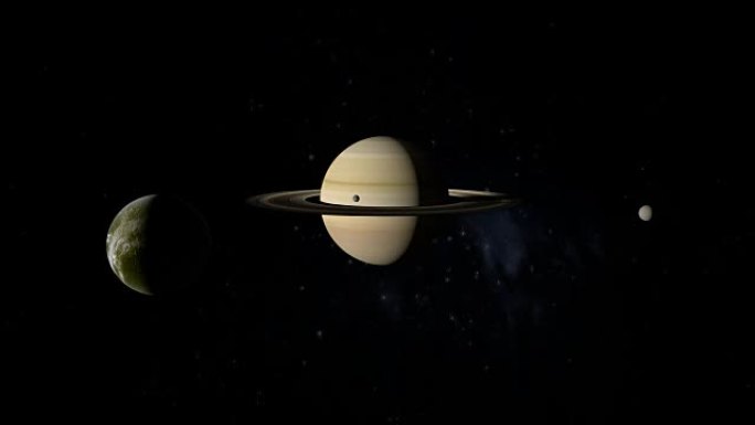 围绕土星行星运行的Dione，土卫二和Mimas
