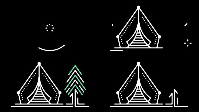 帐篷露营场地线图标动画与阿尔法