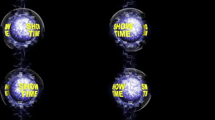 迪斯科球周围的SHOWTIME文本动画，渲染，背景，带阿尔法哑光，循环
