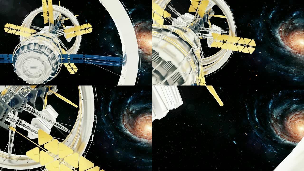 空间站在银河系周围飞行。美丽的细节动画。