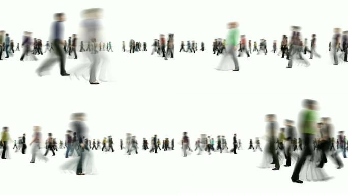 匿名模糊人群在白色背景上行走