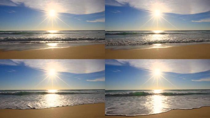 海滩上的日落-宁静的田园诗般的场景，海上金色日落，泰国普吉岛，4K。