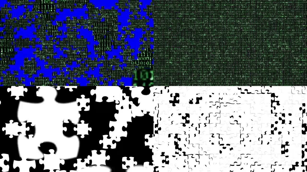 零和一个绿色二进制数字码，带拼图块背景落在色度键蓝屏背景上，计算机生成无缝循环抽象运动背景，新技术概