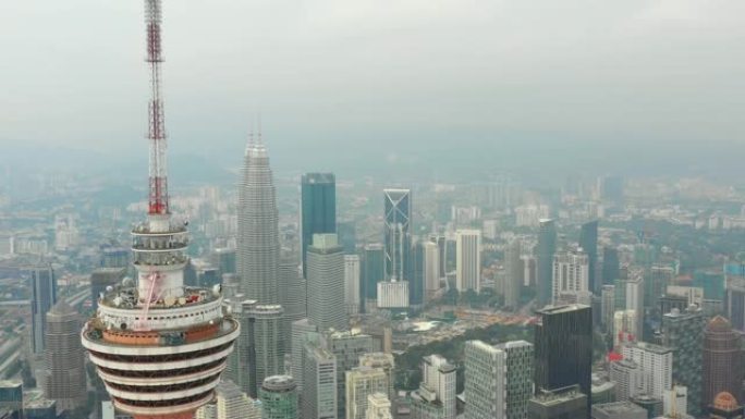 吉隆坡城市景观市中心著名塔楼航空全景4k马来西亚