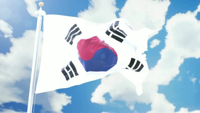 现实的韩国国旗在延时云彩背景下挥舞。4k分辨率的无缝循环，具有详细的织物纹理。
