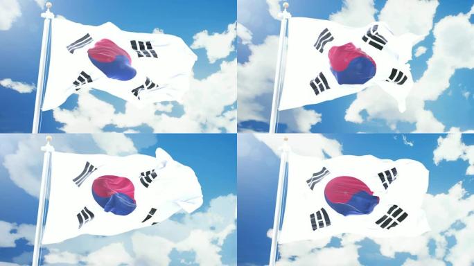 现实的韩国国旗在延时云彩背景下挥舞。4k分辨率的无缝循环，具有详细的织物纹理。