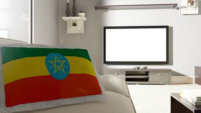沙发和带埃塞俄比亚国旗的电视