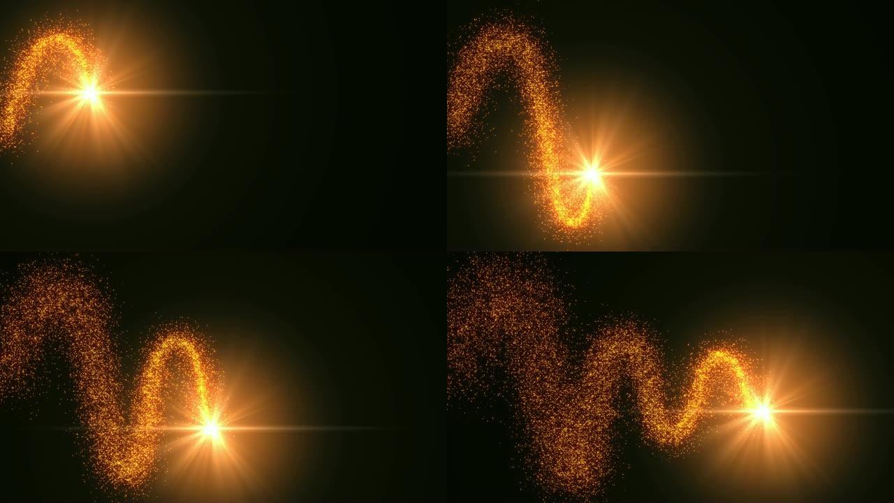 金色闪闪发光的星星尘埃波的痕迹闪闪发光的粒子在黑色。