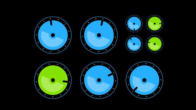 旋钮在黑色背景上随机转动。抽象动画