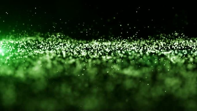 带有尘埃和光运动背景的抽象绿色数字粒子波