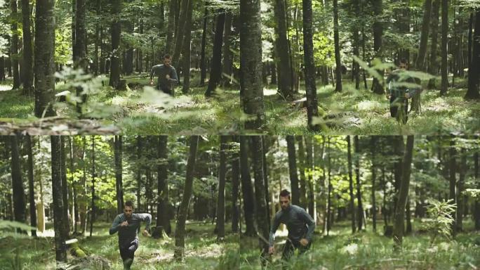 年轻人在森林里慢跑。