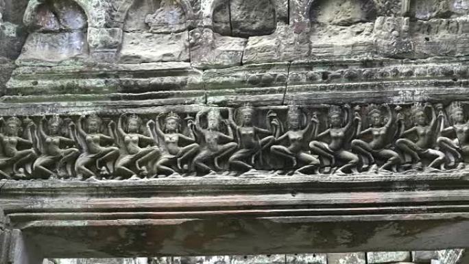 在preah khan寺的门楣上雕刻的舞者锅