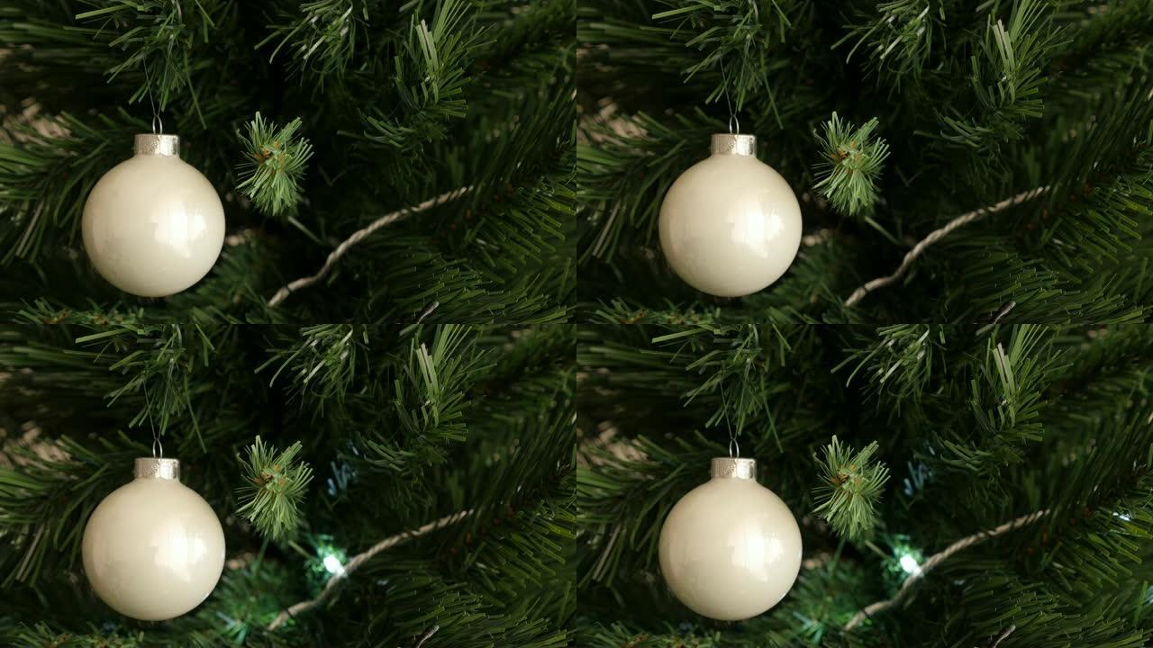 白色圣诞树摆设4K 2160p 30fps超高清镜头特写-反光玻璃新年夜装饰品3840x2160 U