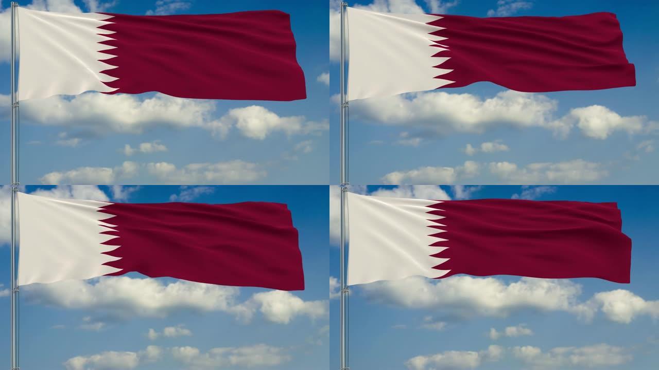 蓝天上浮云背景下的卡塔尔国旗