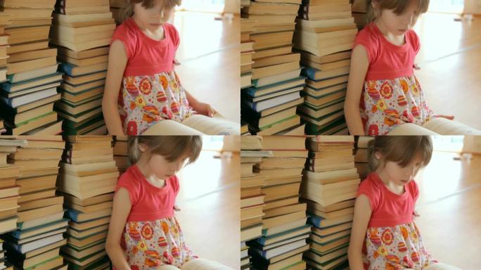 小女孩在书的背景上阅读