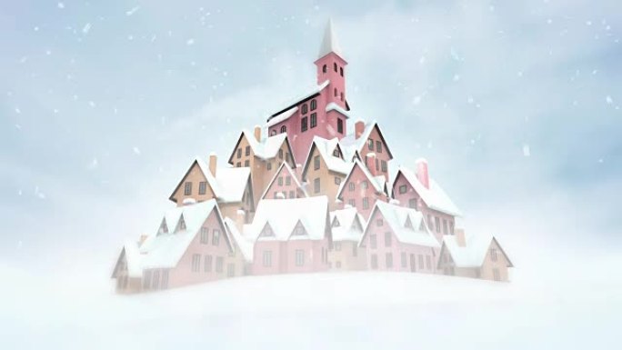 降雪时顶部有教堂的老村庄