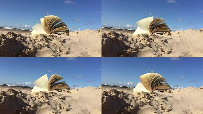 书在沙滩上，书页在风中飘扬，蓝天