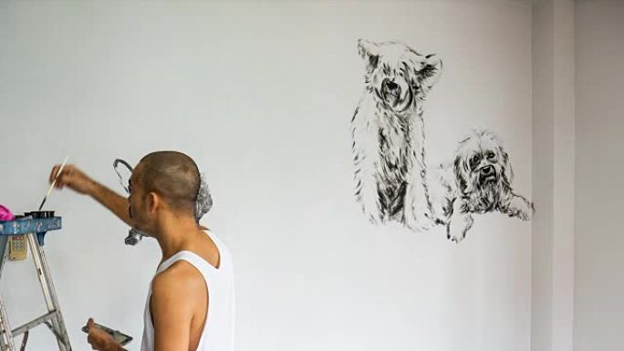 艺术家绘画组狗与兔子，黑色和白色丙烯酸在灰色水泥墙背景上的延时