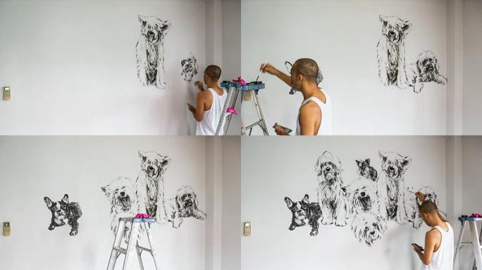 艺术家绘画组狗与兔子，黑色和白色丙烯酸在灰色水泥墙背景上的延时