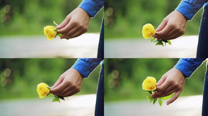 手里拿着黄玫瑰的年轻女子。