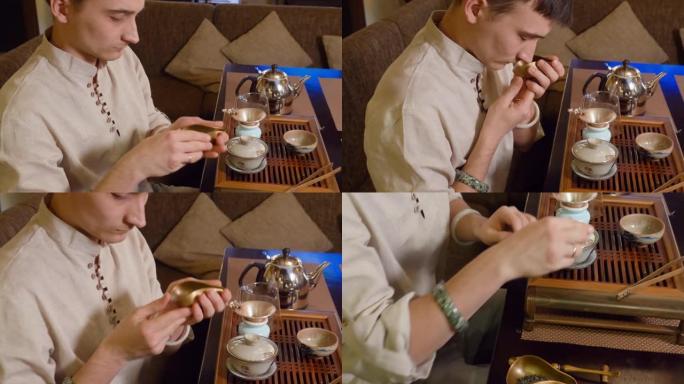 日本制茶前茶师傅在茶海嗅茶叶