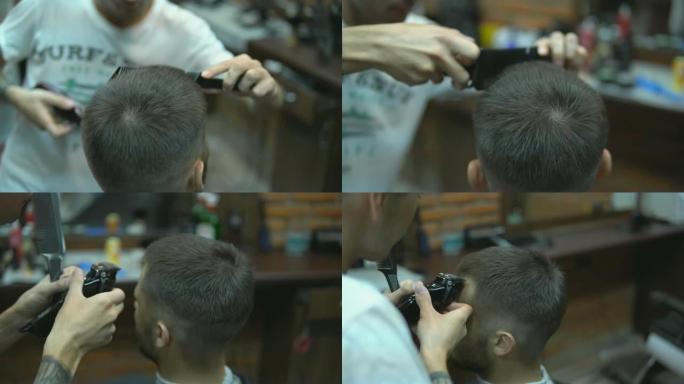 主人在理发店剪掉男人的头发和胡须，美发师为一个年轻人做发型