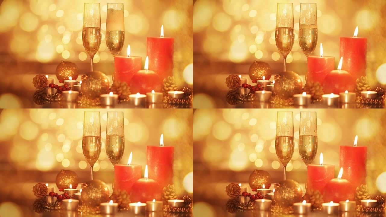 圣诞节和新年节日餐桌配有香槟。