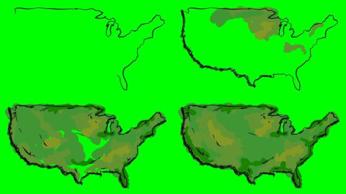 美国在绿屏孤立白板上绘制彩色地图