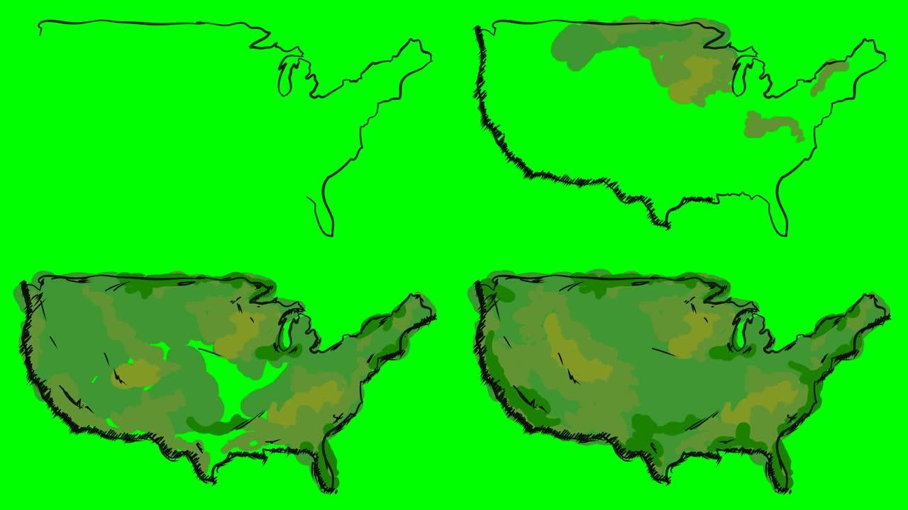 美国在绿屏孤立白板上绘制彩色地图