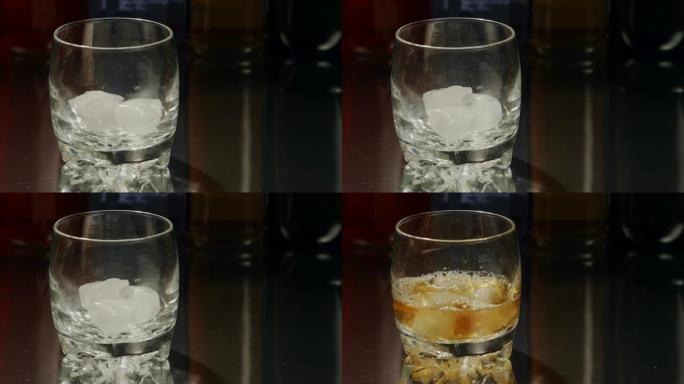 将冰块和威士忌倒入玻璃杯中