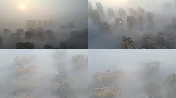 航拍城市云海 小城被云雾笼罩