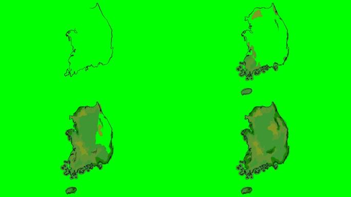 韩国在绿屏孤立白板上绘制彩色地图
