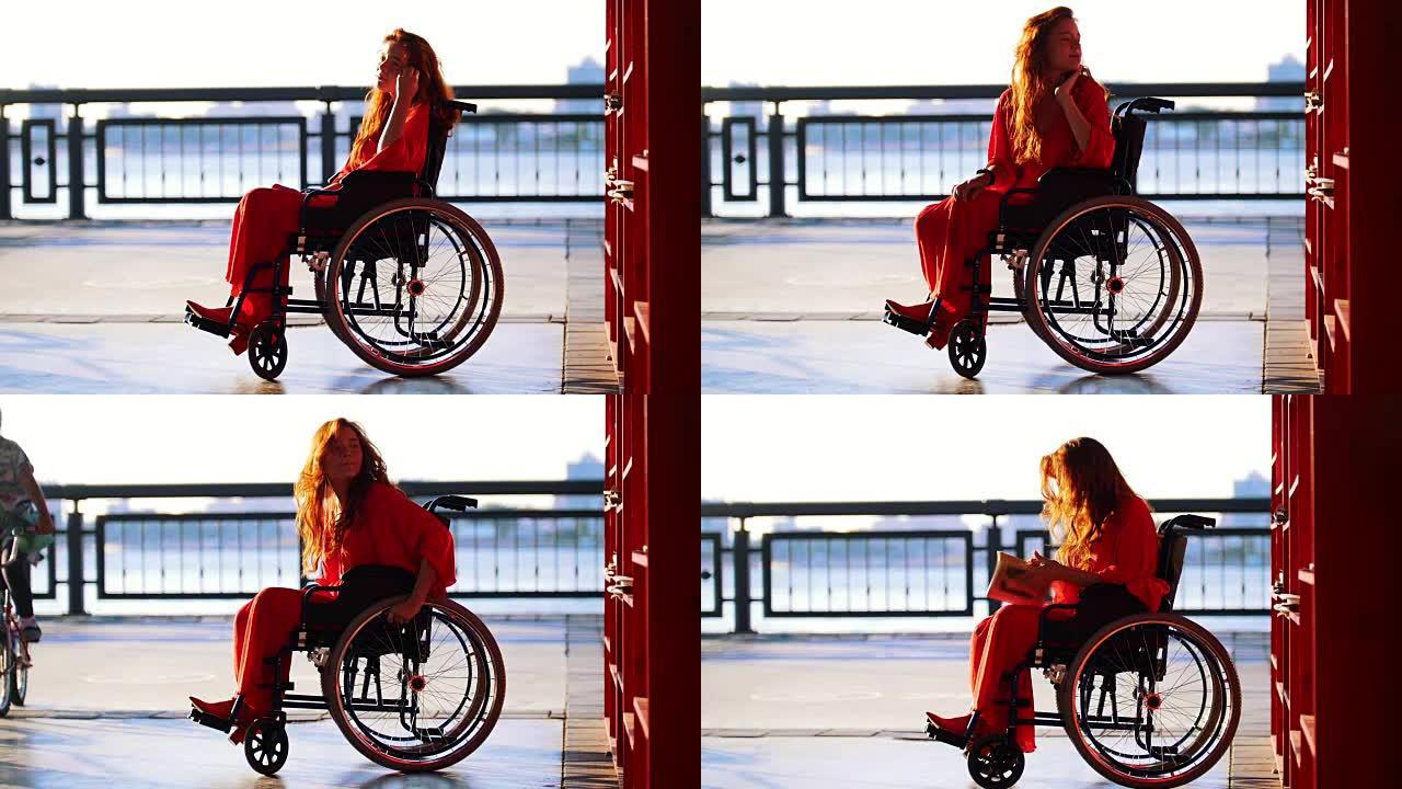 坐在轮椅上的美丽红发女孩从书架上拿出来
