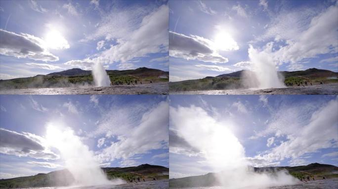 冰岛Gullfoss间歇泉的壮观地热喷发-慢动作视频