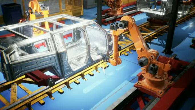 带有未完成的汽车和机器人焊接机框架的输送机汽车焊接线