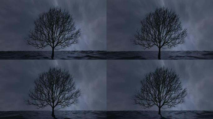 孤独的洪水树站在海浪中。循环。3D动画。