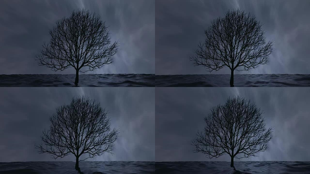 孤独的洪水树站在海浪中。循环。3D动画。